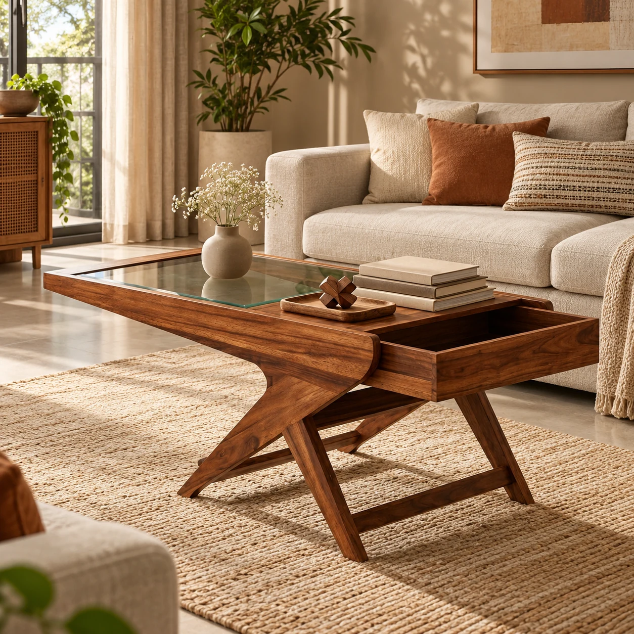 Cortina Solid Wood Block Table styled in a room