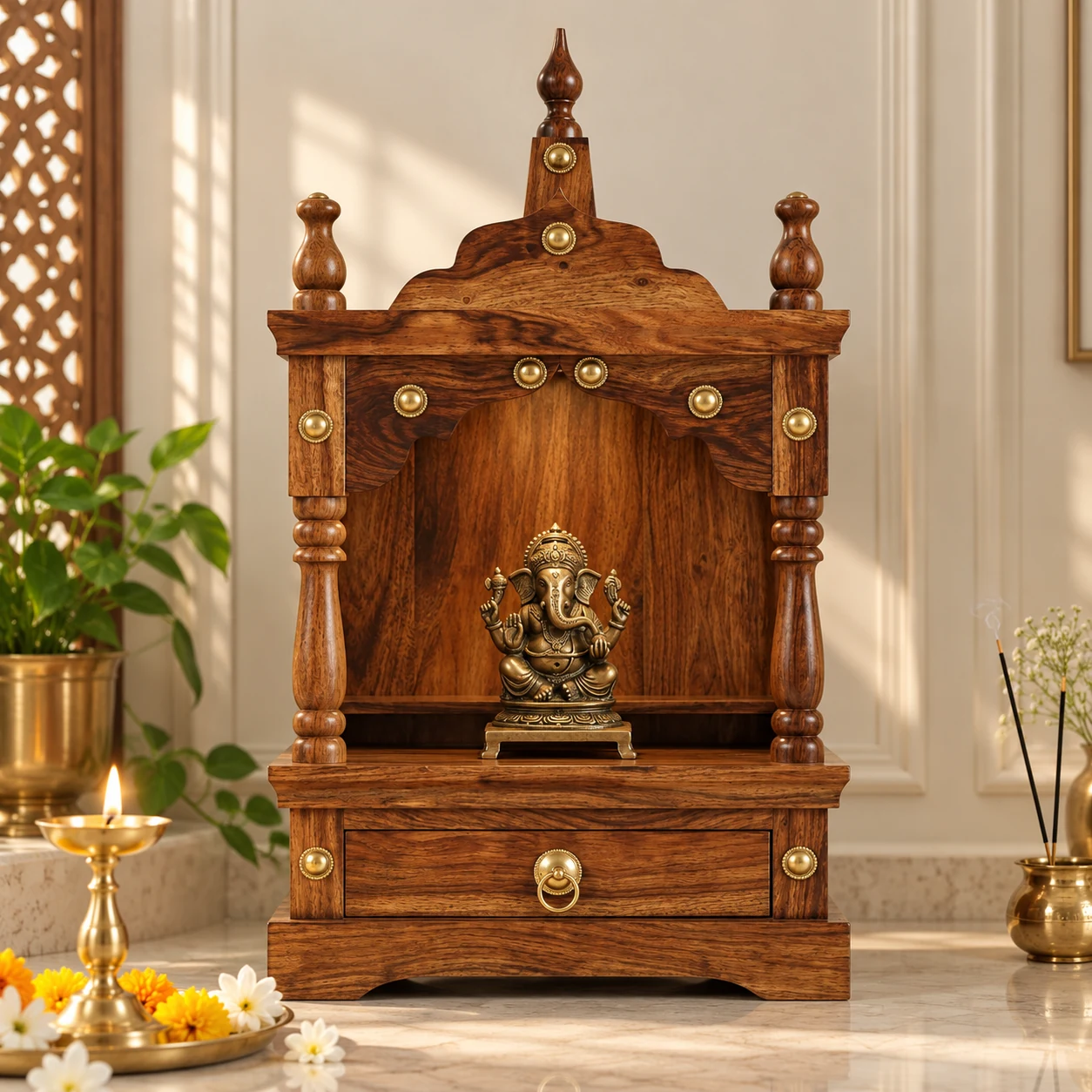 Divya Carved Pillar Teak Mandir styled in a room