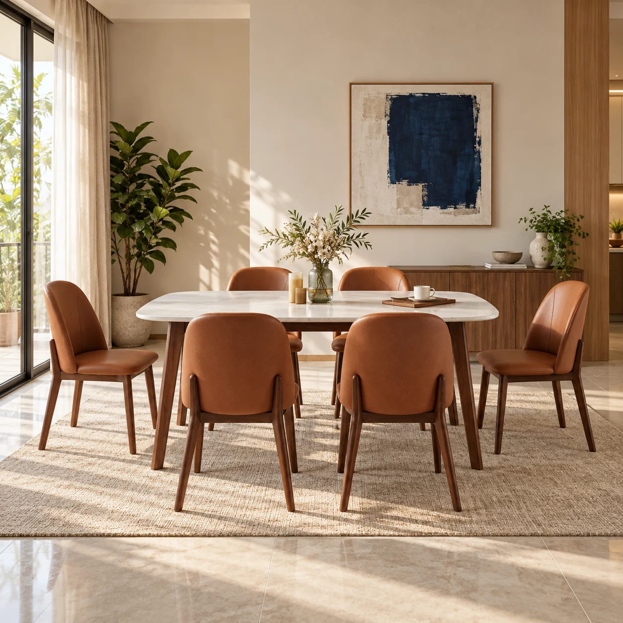 Elysium Marble Top Family Dining Table styled in a room